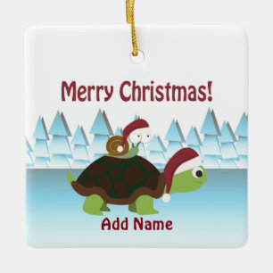 Ornement En Céramique Joyeux Noël! San Turtle et Père Noël Snail