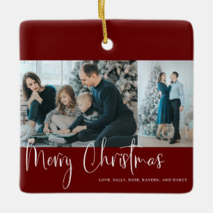 Ornement En Céramique Joyeux Noël Script 2 Photo Collage Holiday Red