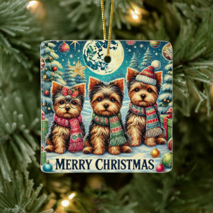 Ornement En Céramique Joyeux Noël vintage Terrier Yorskhire Yorkie