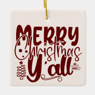 Ornement En Céramique Joyeux Noël Y’all Script Crème de vacances