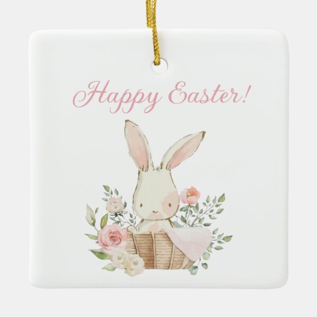 Ornement En Céramique Joyeux Script de Pâques Aquarelle lapin lapin rose (Devant)
