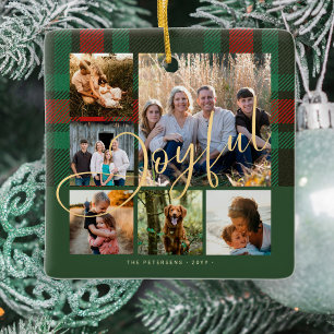 Ornement En Céramique Joyeux script famille photo collage plaid Noël
