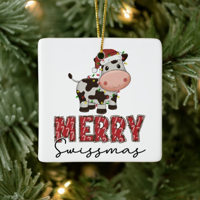 Ornement En Céramique Joyeux Swissmas. Vache suisse festive (Arbre)
