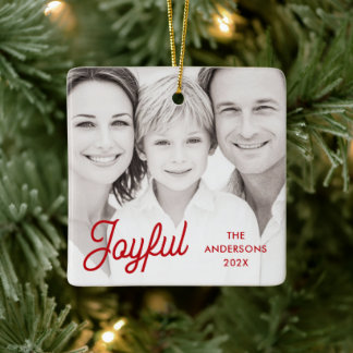 Ornement En Céramique Joyful red festive retro font name year photo