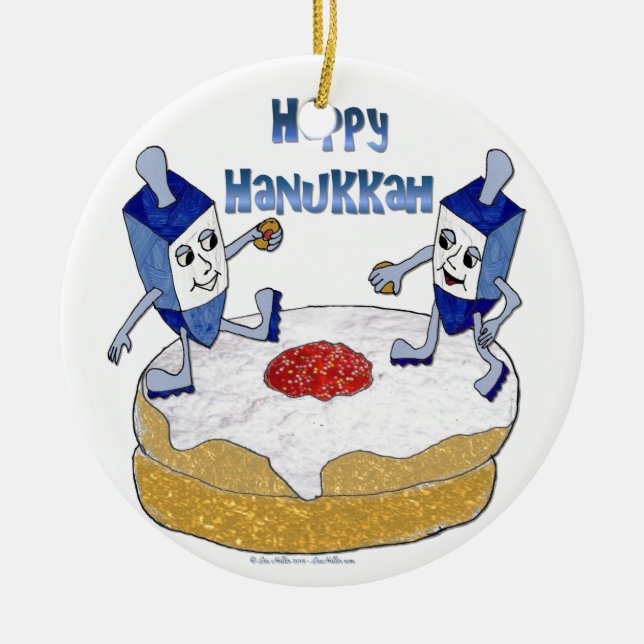 Ornement En Céramique Judaica Happy Hanukkah Dancing Dreidels (Devant)