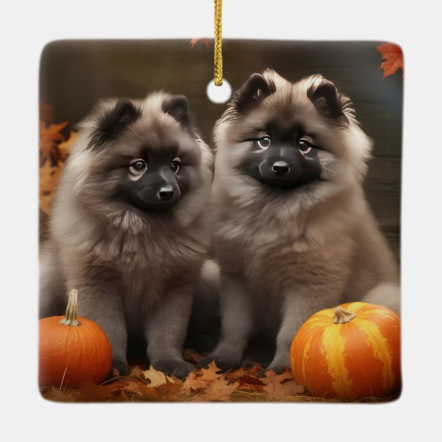 Ornement En Céramique Keeshond Chiot Automne Citrouille délice (Dos)
