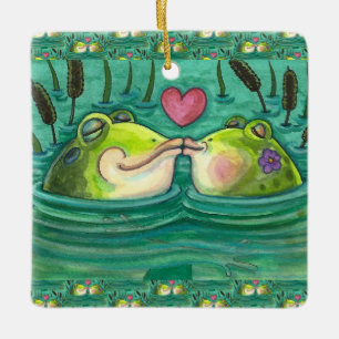 ORNEMENT EN CÉRAMIQUE KISSING FROGS COLORÉ & CUTE POND ROMANCE, AMUSANT
