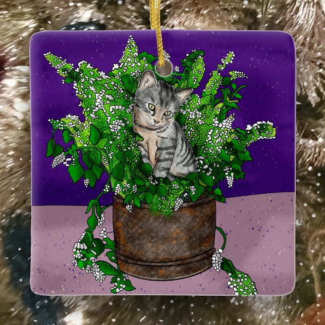Ornement En Céramique Kitten tiré à la main assis à Catnip Noël (Créateur téléchargé)