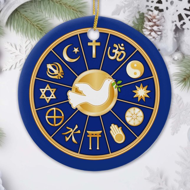 Ornement En Céramique La colombe de la paix (Gold icons of world faiths surround the Dove of Peace, an international symbol of harmony. )