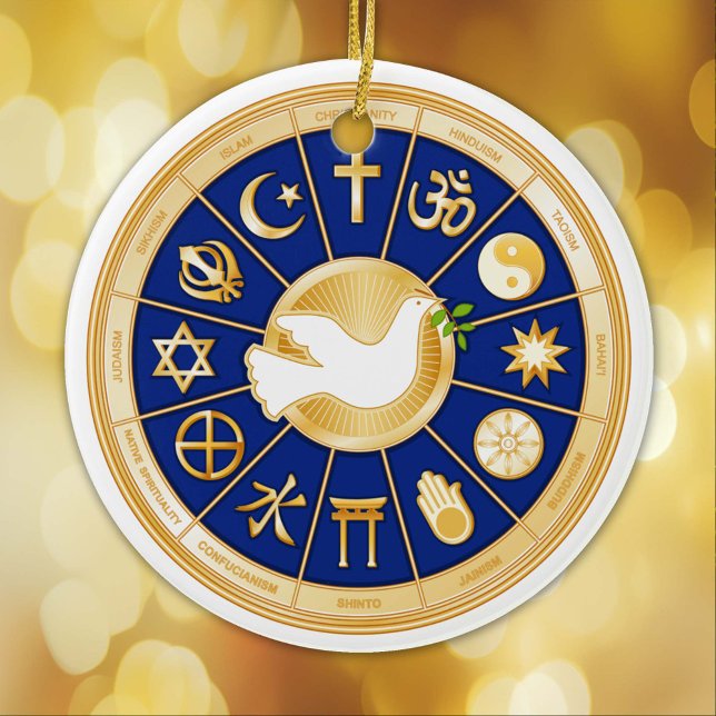 Ornement En Céramique La colombe de l'ornement de la paix (Gold icons of world faiths mandala surround the Dove of Peace, international symbol of harmony. )