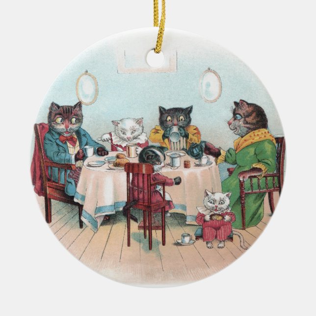 Ornement En Céramique La famille de chat s'assied pour déjeuner (Devant)