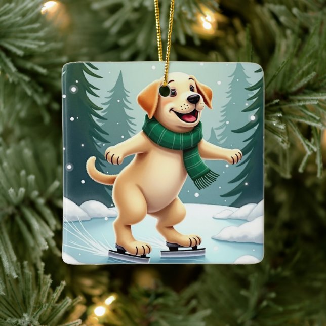Ornement En Céramique Labrador Retriever Ice Skating Christmas Painting (Arbre)