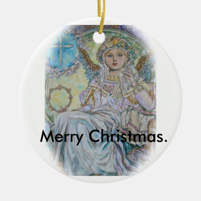 Ornement En Céramique L'ange du rose de Noël., Joyeux Noël (Devant)