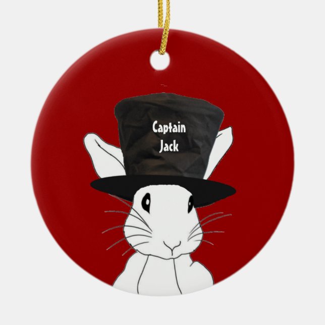 Ornement En Céramique Lapin blanc dans l'ornement du chapeau supérieur (Devant)