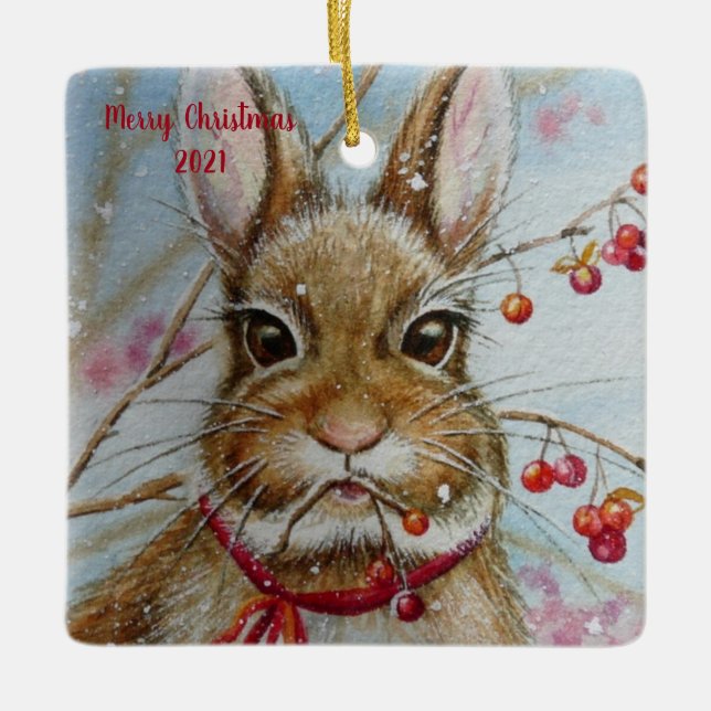 Ornement En Céramique Lapin de coton Bittersweet Aquarelle Art (Devant)