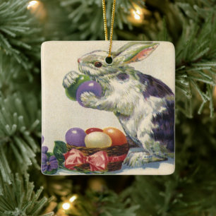 Ornement En Céramique Lapin de Pâques vintage avec des œufs de Pâques da