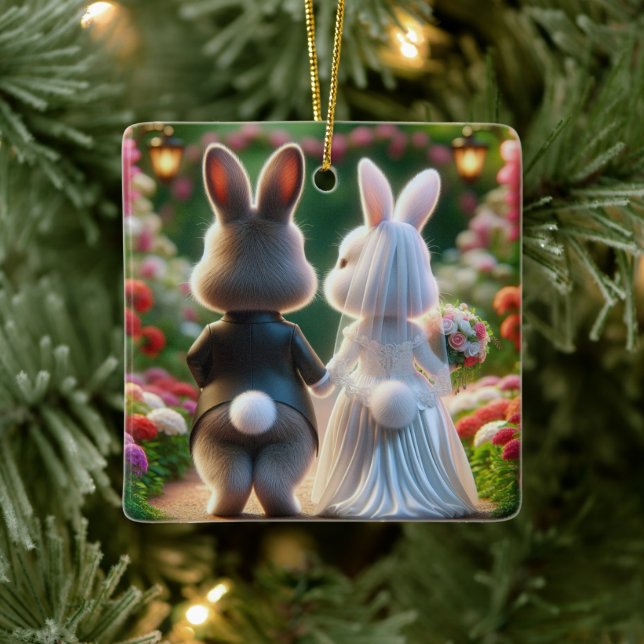 Ornement En Céramique Lapins de mariée et de chambre (Arbre)
