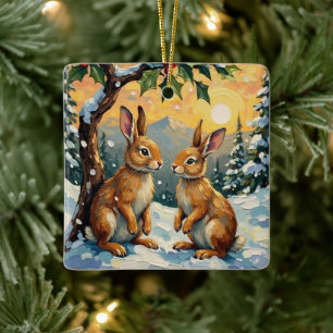 Ornement En Céramique Lapins Vintage sous l'Arbre de Houx Noël