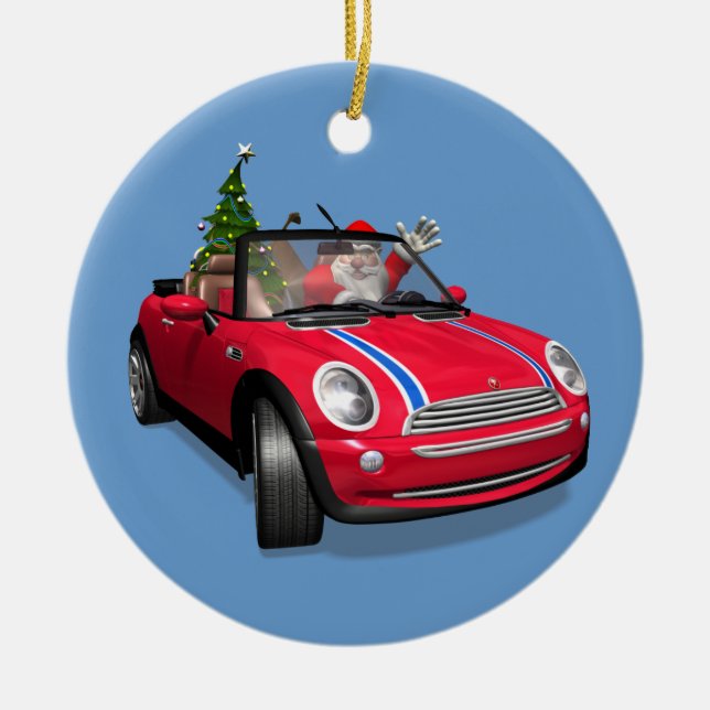 Ornement En Céramique Le Père Noël Conduit Une Mini (Devant)