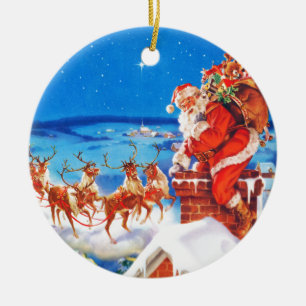 Ornement En Céramique Le père noël sur le dessus de toit dans la neige