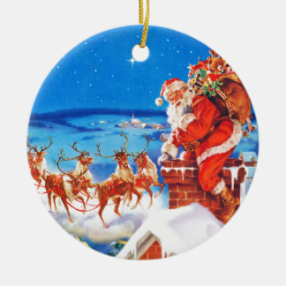 Ornement En Céramique Le père noël sur le dessus de toit dans la neige
