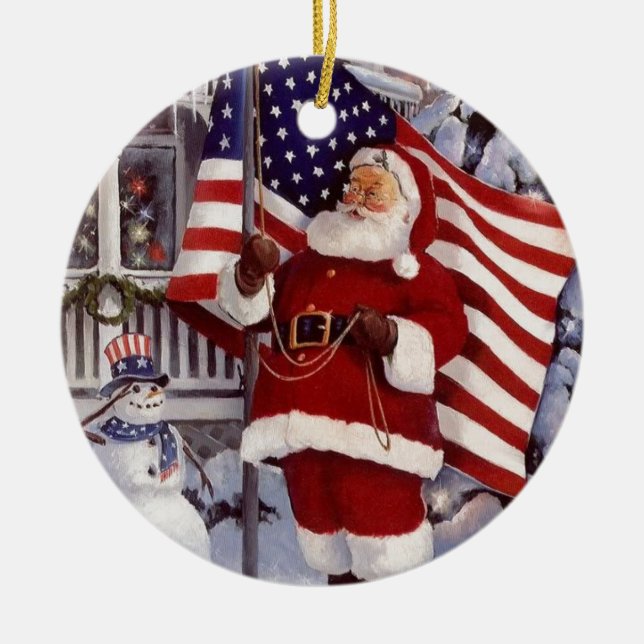 Ornement En Céramique Le Père Noël tient le drapeau américain (Devant)