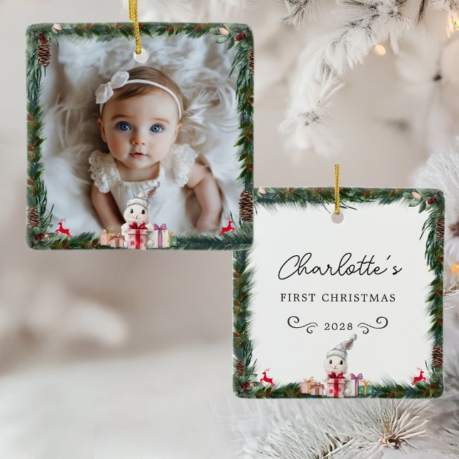 Ornement En Céramique Le premier lapin de Noël-photo-lapin (Baby's First Christmas–Photo-Rabbit Ceramic Ornament)