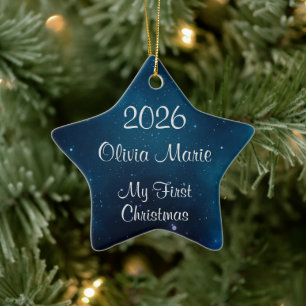 Ornement En Céramique Le Premier Noël de Bébé Ciel Profond Bleu de l'Esp