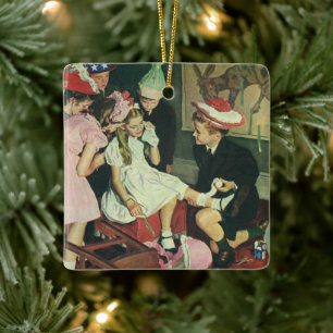 Ornement En Céramique Les enfants vintages jouent à la queue sur l'âne