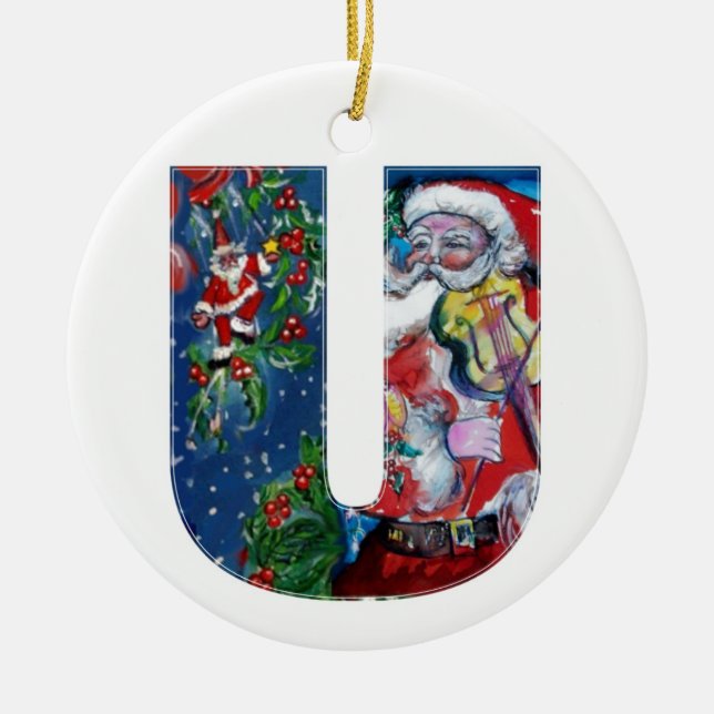 ORNEMENT EN CÉRAMIQUE LETTRE XMAS U /SANTA CLAUS AVEC MONOGRAM VIOLIN (Devant)