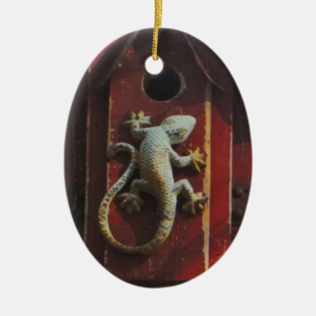 Ornement En Céramique lézard gris sur bois usé (Devant)