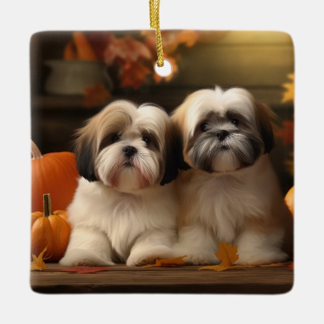 Ornement En Céramique Lhasa Apso Chiot Automne Citrouille de plaisir (Devant)