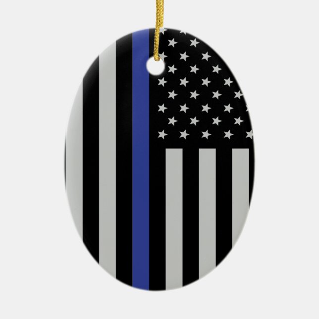 Ornement En Céramique Ligne Bleue Mince - Drapeau Américain Personnalisé (Devant)