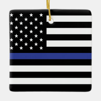 Ornement En Céramique Ligne Bleue Mince - Drapeau Américain Personnalisé