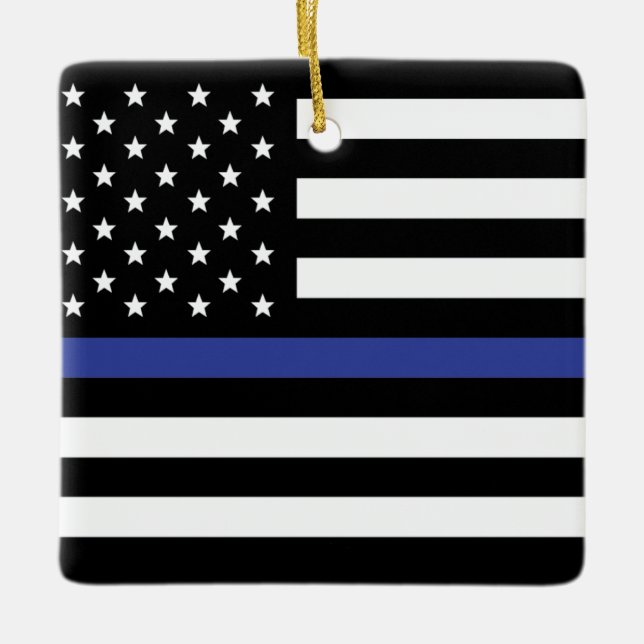 Ornement En Céramique Ligne Bleue Mince - Drapeau Américain Personnalisé (Devant)