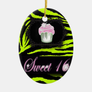 Ornement En Céramique Lime vert zèbre imprimé Sweet sixteen Cupcake rose
