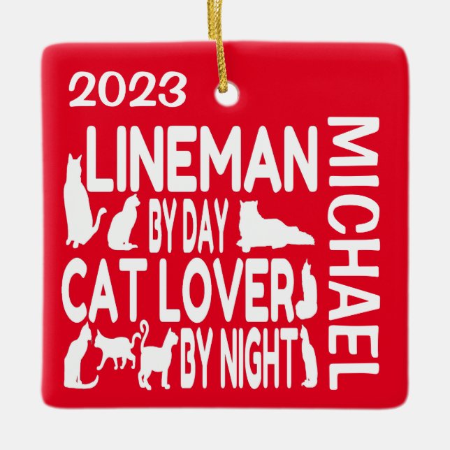 Ornement En Céramique Lineman aime les chats PERSONNALISÉS (Devant)