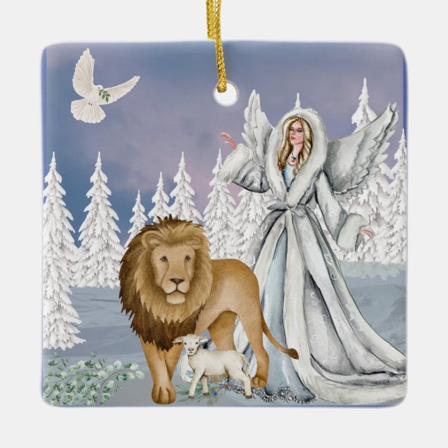 Ornement En Céramique Lion et agneau avec ange (Devant)