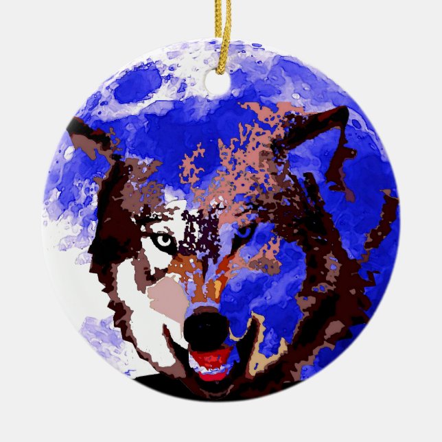 Ornement En Céramique Loup et Pleine lune (Devant)