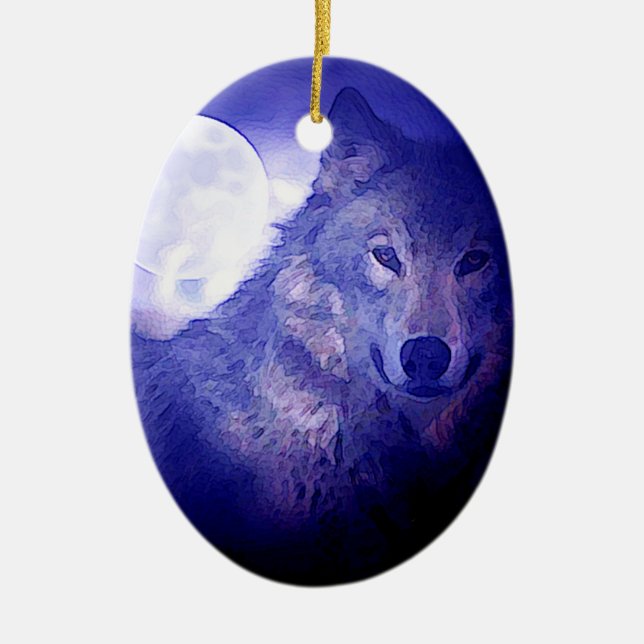 Ornement En Céramique Loup, Lune et Nuit Bleue (Devant)