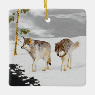 Ornement En Céramique Loups en peinture sur neige - Art original de la f