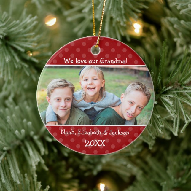Ornement En Céramique Love Grand-mère Rouge Polka Dot Christmas Photo (Arbre)