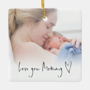 Ornement En Céramique Love You Mommy Script moderne Coeur Photo Overlay