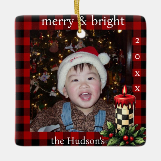 Ornement En Céramique Lumberjack Plaid and Holiday Candle Photo Ornament (Devant)