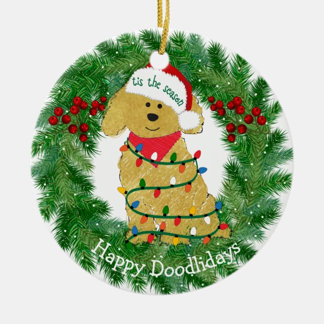 Ornement En Céramique Lumières de Noël personnalisées Goldendoodle (Devant)