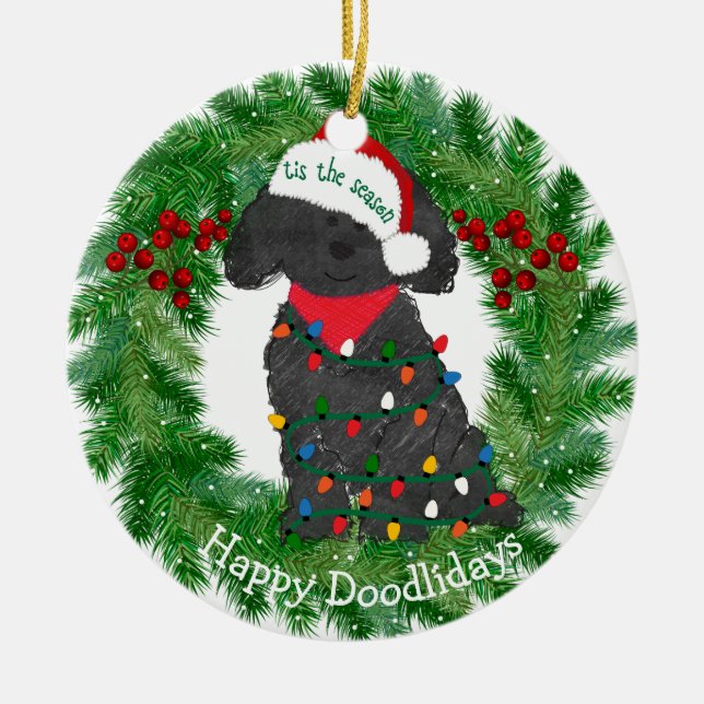 Ornement En Céramique Lumières de Noël personnalisées Labradoodle (Devant)