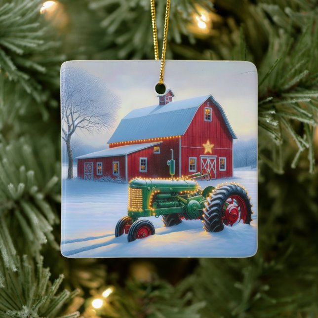 Ornement En Céramique Lumières de Noël sur un tracteur agricole vert (Arbre)