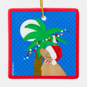 Ornement En Céramique Lune Père Noël Chien Jaune Trimmming Palm Tree
