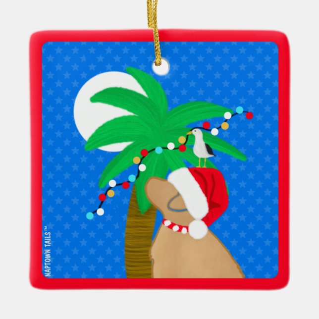 Ornement En Céramique Lune Père Noël Chien Jaune Trimmming Palm Tree (Devant)