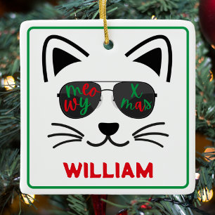 Ornement En Céramique Lunettes de soleil de Noël Meowy Chat Kitty Blanc